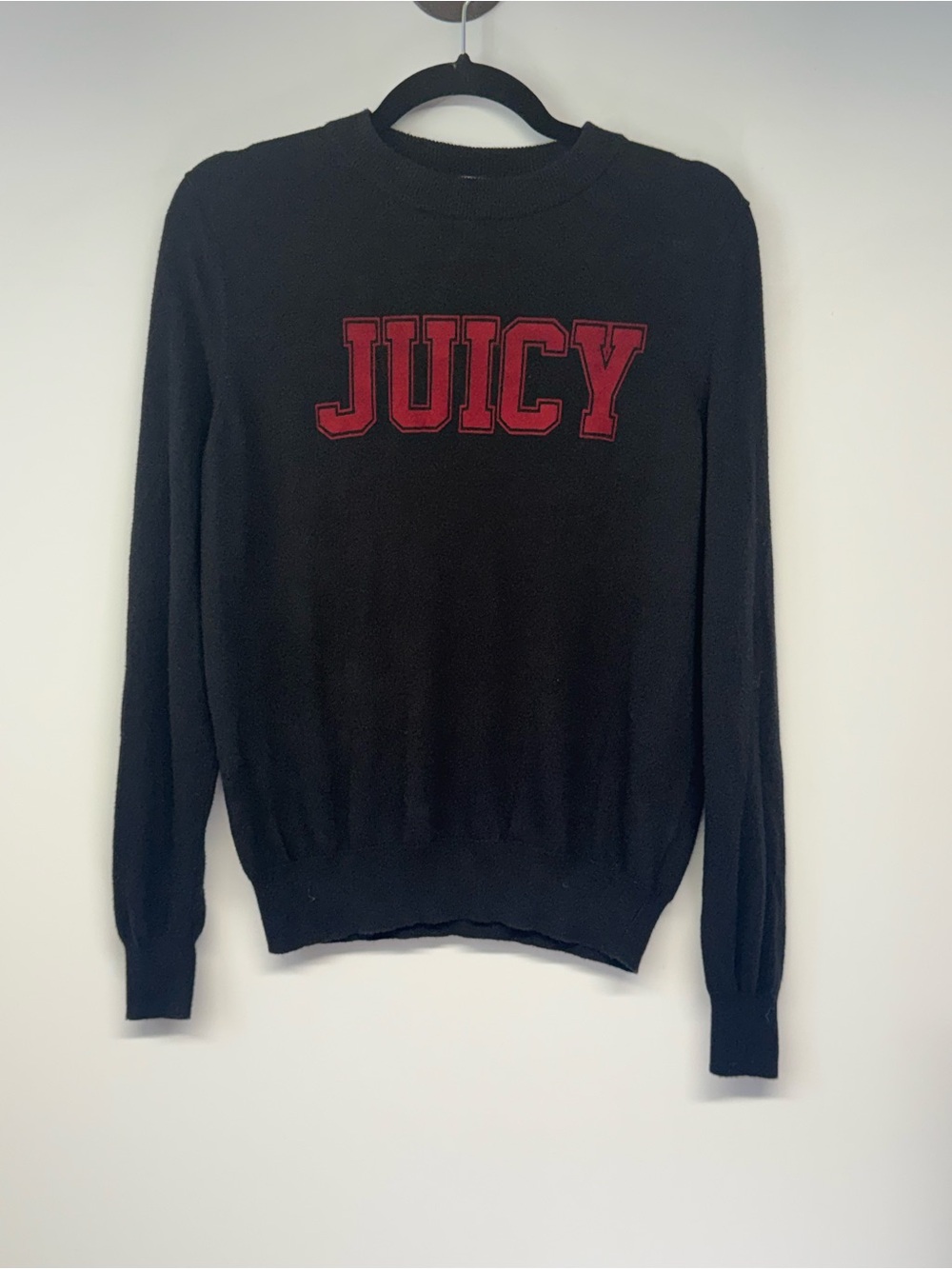 Juicy Couture Black Sweater with Bold Red 'JUICY' Patch, Large